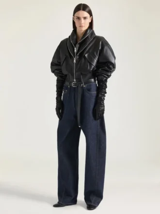 Bomber con cuello chal con cremallera en piel napa
