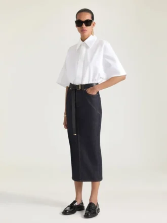 Falda midi con detalle «kickback» en denim sin tratar