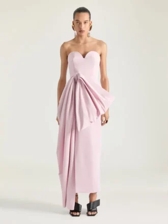 Vestido bustier de noche en polifaille con detalle de lazo