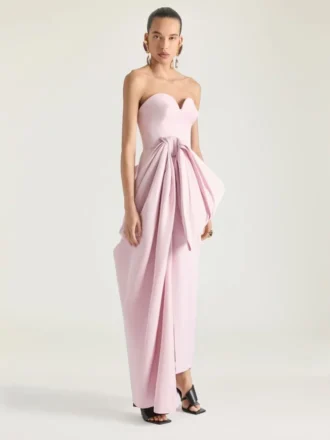 Vestido bustier de noche en polifaille con detalle de lazo