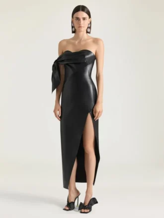 Vestido bustier largo de piel napa con lazo