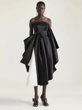 Vestido de noche con corpiño drapeado en satén con detalle de lazo Vestido de noche con corpiño drapeado en satén con detalle de lazo
