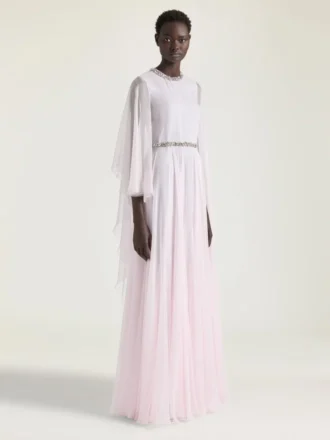 vestido de noche drapeado de gasa con cristales y capa vestido de noche drapeado de gasa con cristales y capa