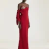 Vestido largo de noche tipo bustier en crepé con lazo y lentejuelas